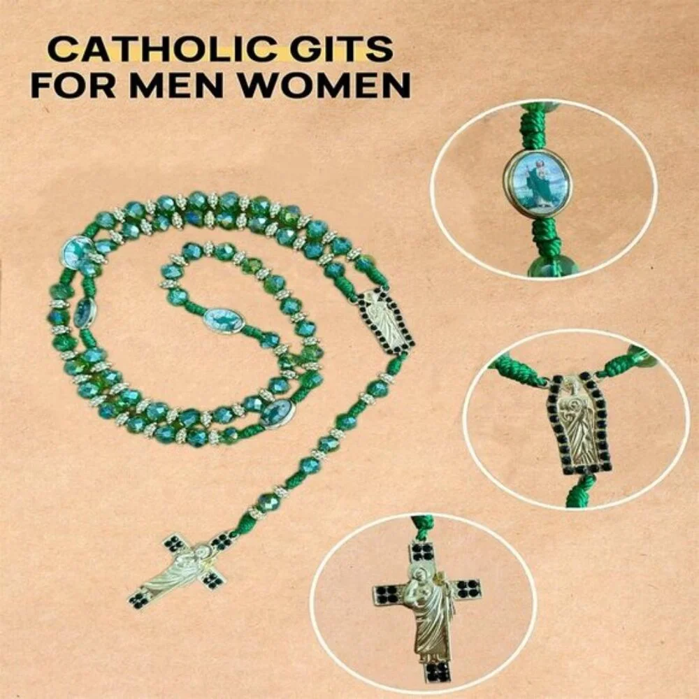 Exquisite Rosary Saint Jude Cross Pendant Mexican Necklace - Braided Cord Green